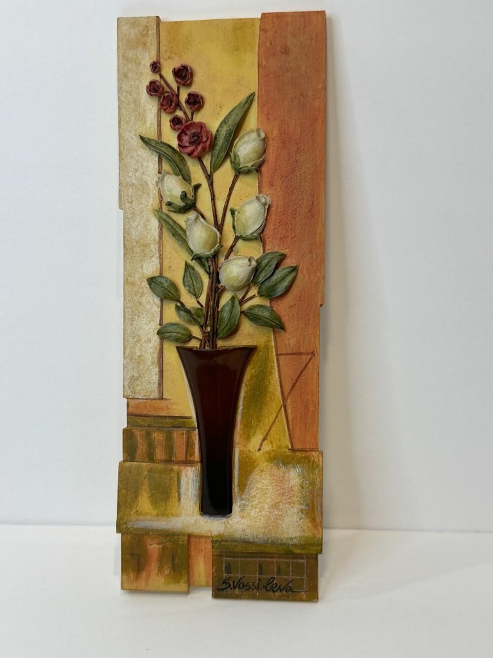 Vintage Silvia Vassieva Floral 3D Art Tile Plaque